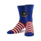 A pair of blue crew socks with red and white stripes at the bottom and the US Army logo on the top. 