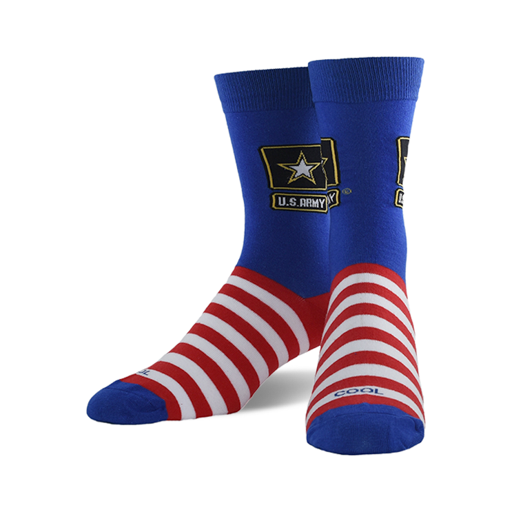 A pair of blue crew socks with red and white stripes at the bottom and the US Army logo on the top. 