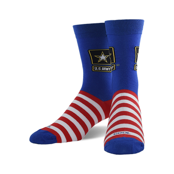 A pair of blue crew socks with red and white stripes at the bottom and the US Army logo on the top. 