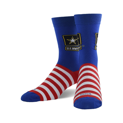 Two royal blue crew socks with red and white stripes, featuring a yellow U.S. Army emblem on a white background.