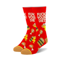 Pair of red crew socks with 'Fuck Your Diet' slogan and cartoon pizza, burger, and fried chicken illustrations.