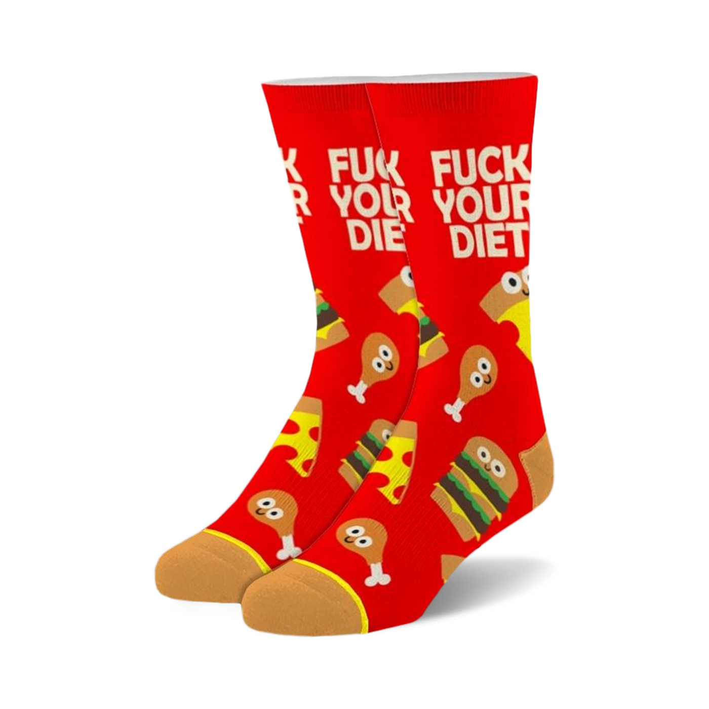 Pair of red crew socks with 'Fuck Your Diet' slogan and cartoon pizza, burger, and fried chicken illustrations.