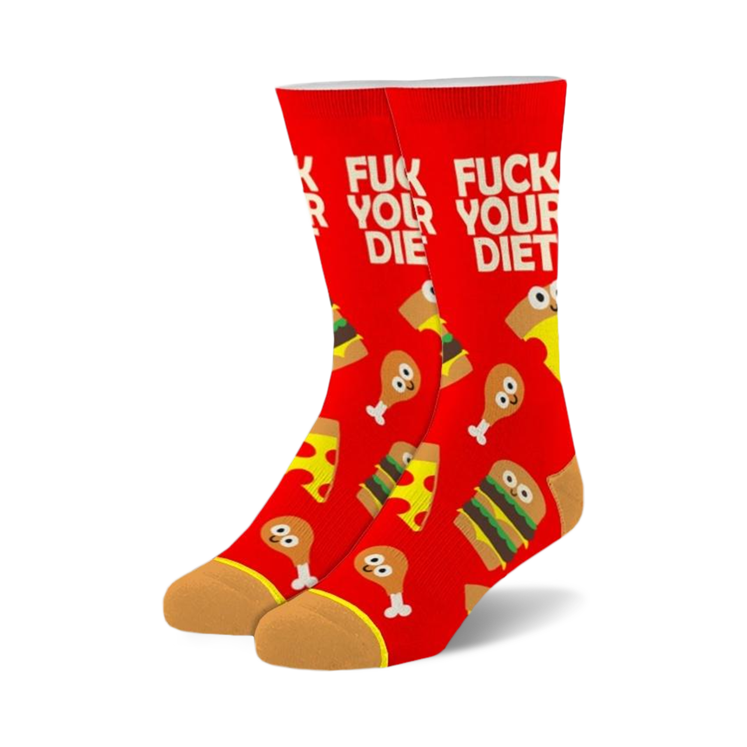 Pair of red crew socks with 'Fuck Your Diet' slogan and cartoon pizza, burger, and fried chicken illustrations.