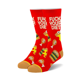 crew socks with "fuck your diet" and cartoon food images.  