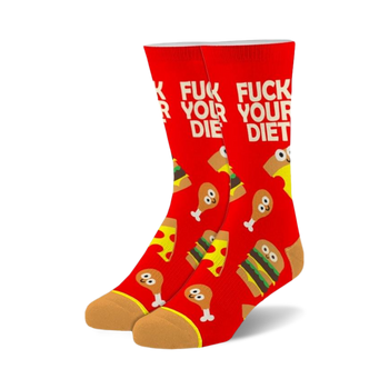 crew socks with "fuck your diet" and cartoon food images.  