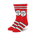 Pair of red and white striped crew socks with a Cat in the Hat-inspired "Sock 1" and "Sock 2" graphic.