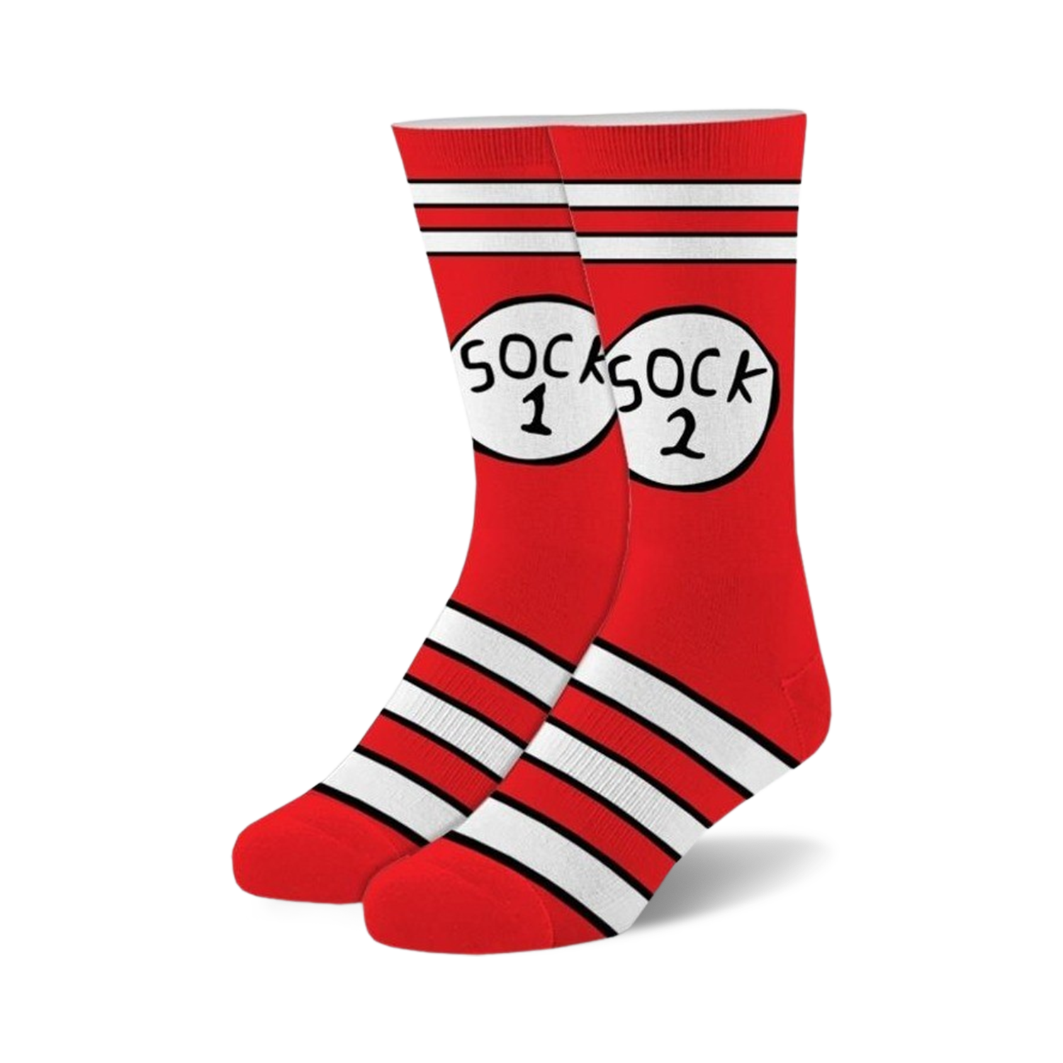 Pair of red and white striped crew socks with a Cat in the Hat-inspired "Sock 1" and "Sock 2" graphic.