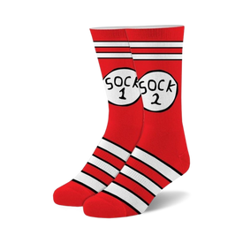  crew-length "sock 1 sock 2" kids' socks (sizes 4-7) with fun dr. seuss theme and educational trivia fact about socks.   