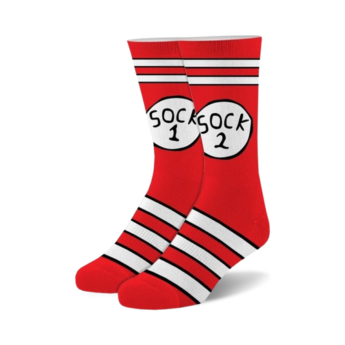 Pair of red and white striped crew socks for kids (sizes 7-10).  Features a Cat in the Hat-inspired graphic with 'Sock 1' and 'Sock 2' on each sock.