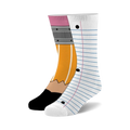 Crew socks for kids, sizes 7-10. One sock shows a yellow pencil design; the other is white with notebook paper lines. 