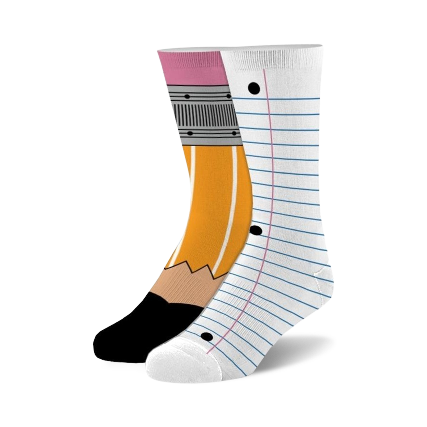Crew socks for kids, sizes 7-10. One sock shows a yellow pencil design; the other is white with notebook paper lines. 