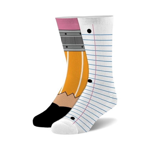 Crew socks for kids, sizes 7-10. One sock shows a yellow pencil design; the other is white with notebook paper lines. 
