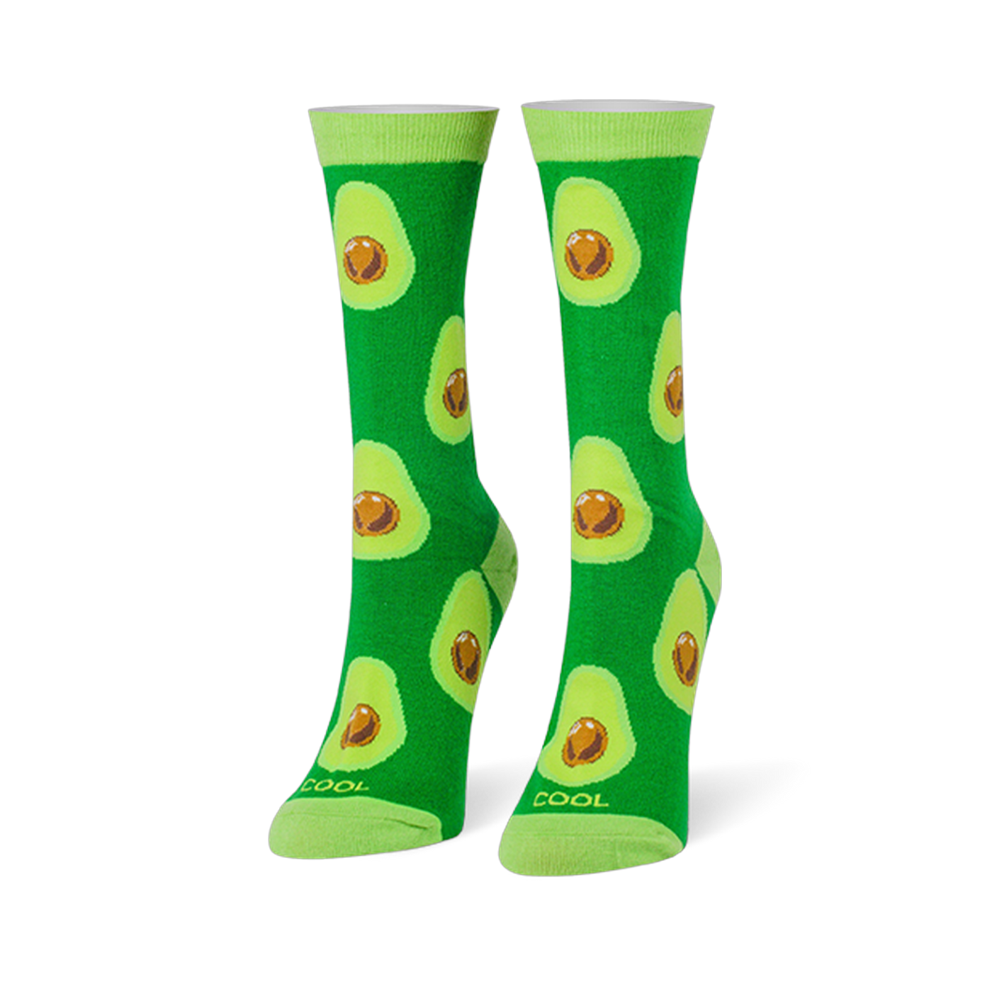 Bright green crew socks covered in halved avocados with brown pits, featuring light lime green cuffs and toes.