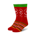 Pair of red crew socks with green and yellow stripes at the bottom.  The main design is the Sriracha hot sauce label featuring a rooster.