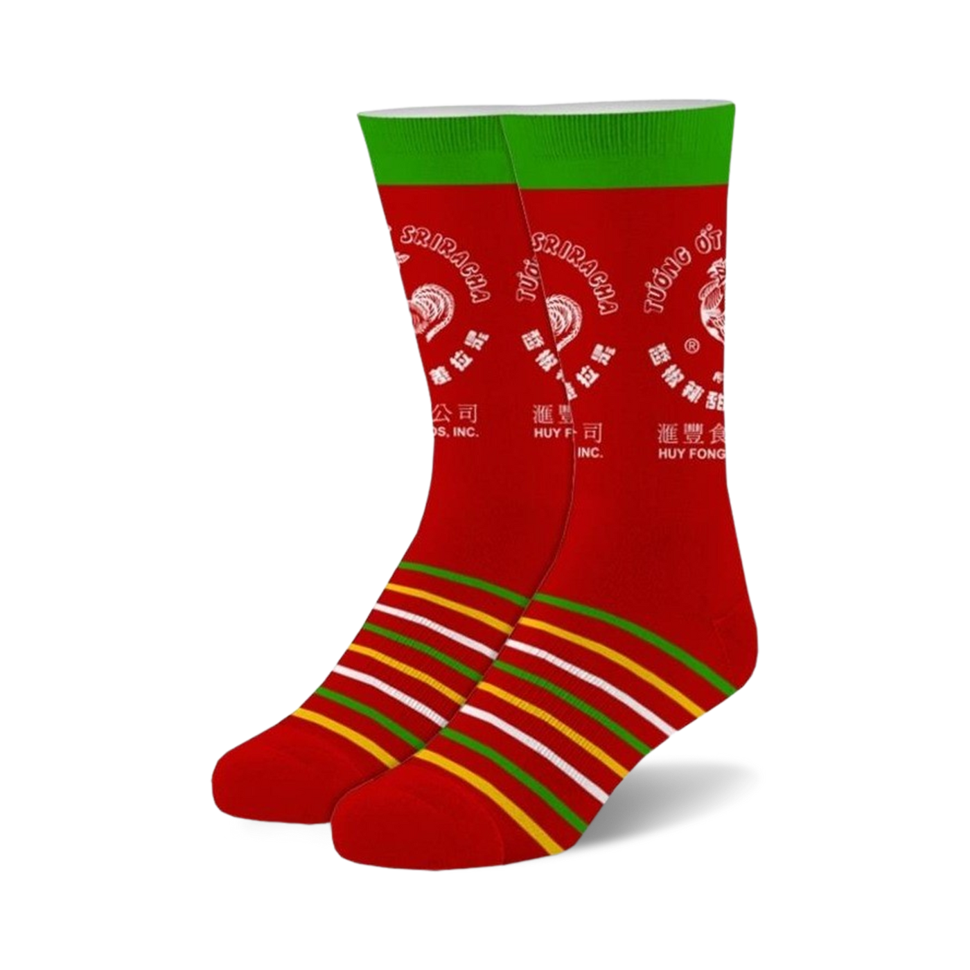 Pair of red crew socks with green and yellow stripes at the bottom.  The main design is the Sriracha hot sauce label featuring a rooster.