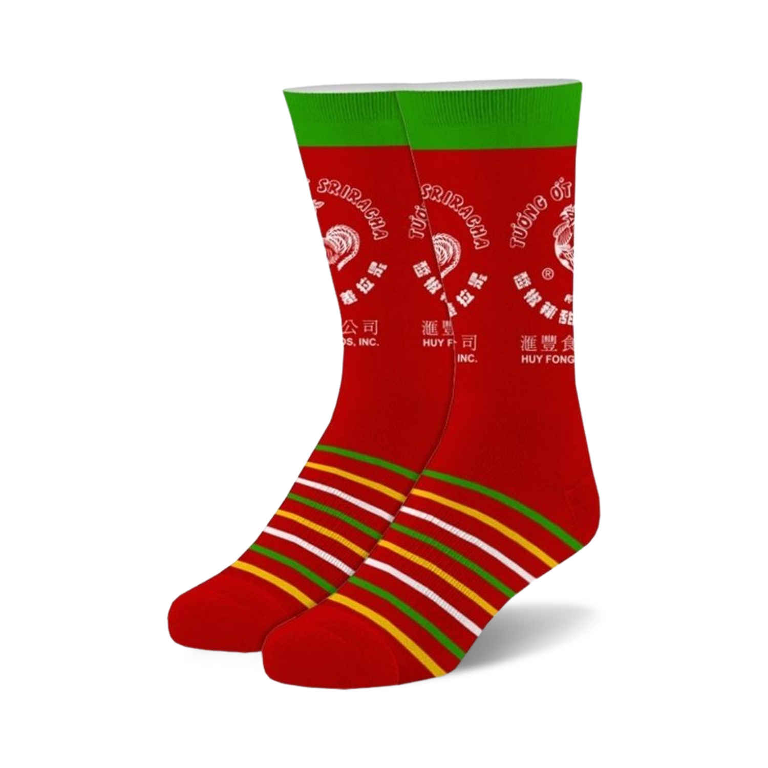 Pair of red crew socks with green and yellow stripes at the bottom.  The main design is the Sriracha hot sauce label featuring a rooster.