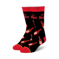 Pair of black crew socks featuring repeated images of Frank's RedHot sauce bottles in red and white on a black background. Red accents at the cuffs.
