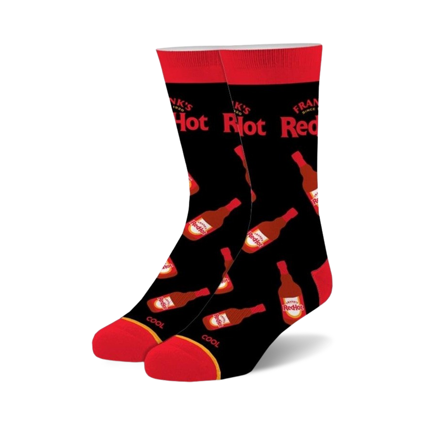 Pair of black crew socks featuring repeated images of Frank's RedHot sauce bottles in red and white on a black background. Red accents at the cuffs.