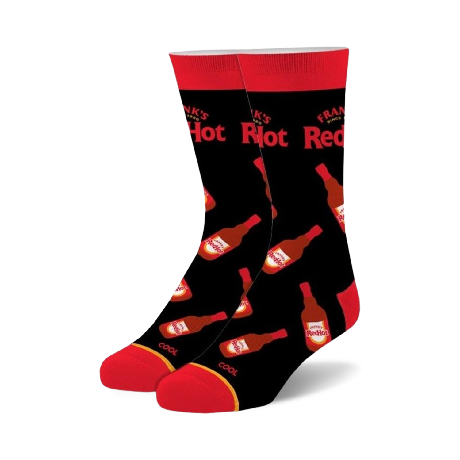 Pair of black crew socks featuring repeated images of Frank's RedHot sauce bottles in red and white on a black background. Red accents at the cuffs.