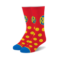 Pair of red crew socks with Ritz cracker logo and yellow polka dot pattern. Blue accents at the heel.