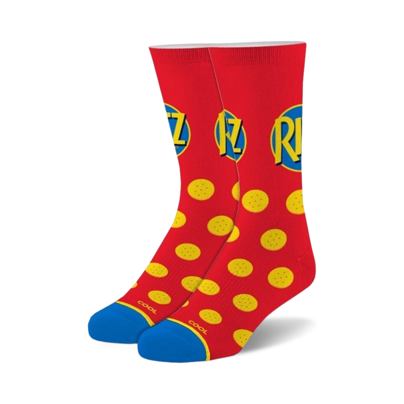 Pair of red crew socks with Ritz cracker logo and yellow polka dot pattern. Blue accents at the heel.
