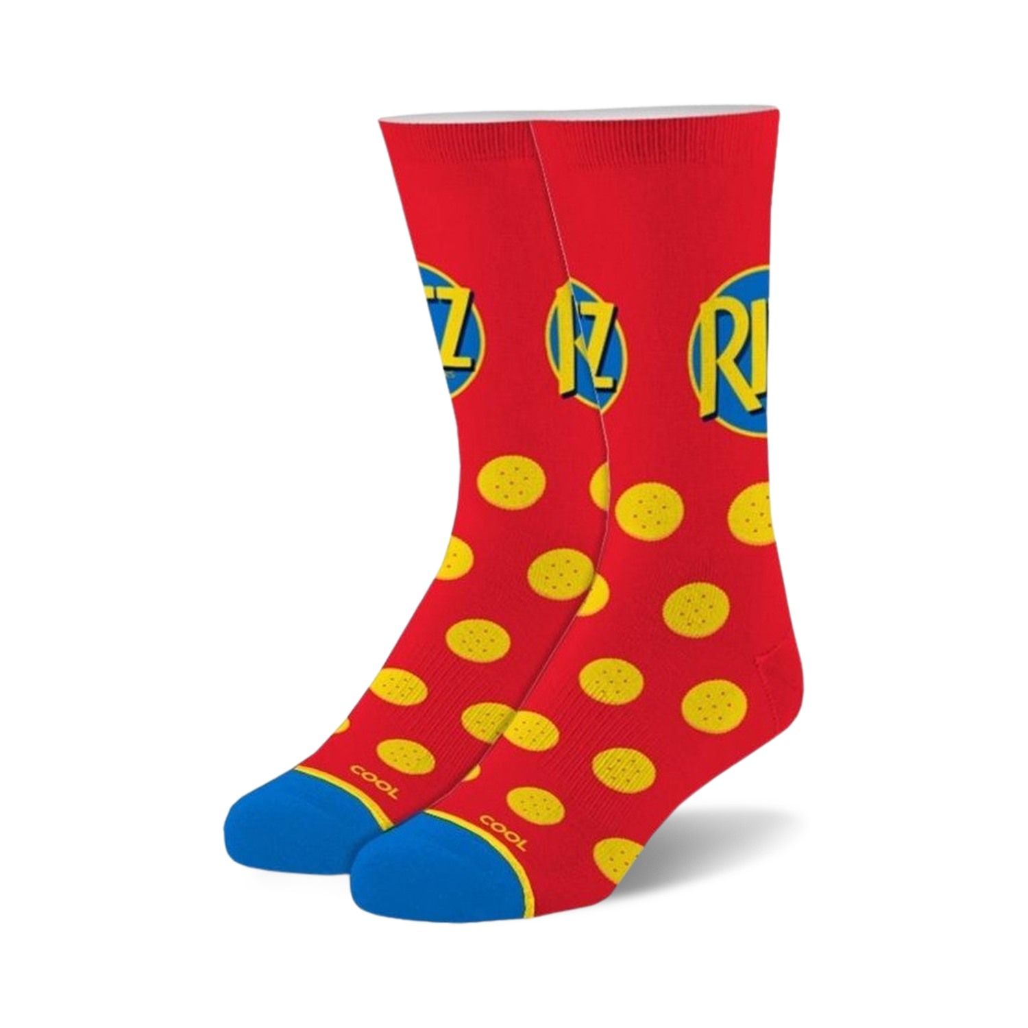 Pair of red crew socks with Ritz cracker logo and yellow polka dot pattern. Blue accents at the heel.