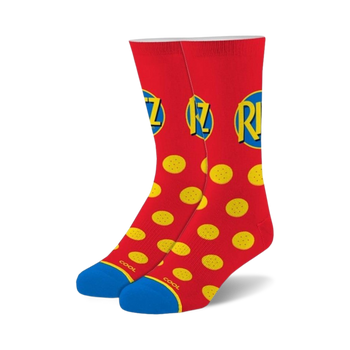 crew length red socks with yellow polka dots, blue heel, and toe. fun food and drink themed socks. comes in men and women's sizes.   