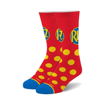 crew length red socks with yellow polka dots, blue heel, and toe. fun food and drink themed socks. comes in men and women's sizes.   