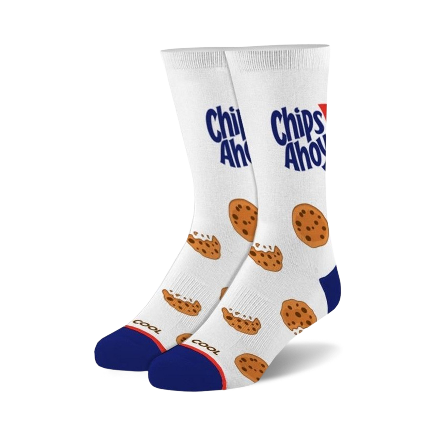 A pair of white crew socks with a Chips Ahoy! cookie crumb design. Blue accents at the heel and toe. The socks feature whole and broken chocolate chip cookies.