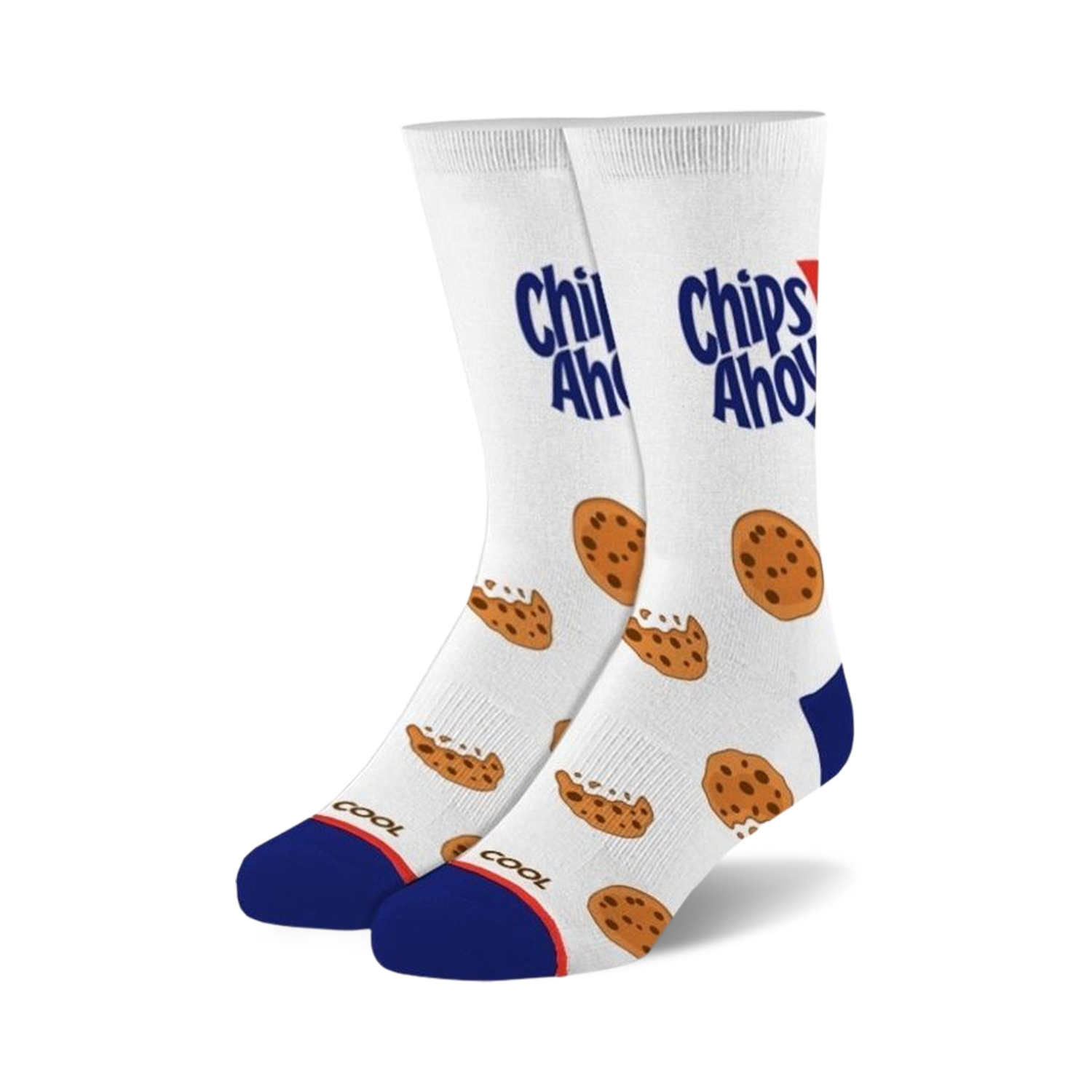 A pair of white crew socks with a Chips Ahoy! cookie crumb design. Blue accents at the heel and toe. The socks feature whole and broken chocolate chip cookies.