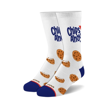 white crew socks with chocolate chip cookie design. suitable for both men and women.   