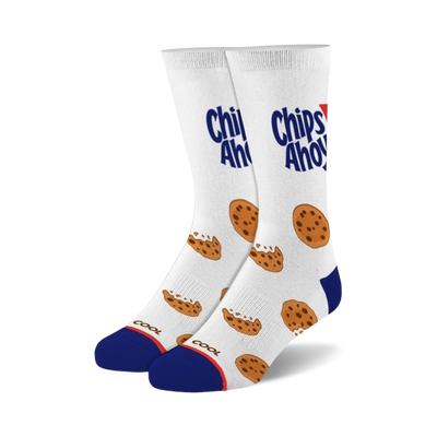 white crew socks with chocolate chip cookie design. suitable for both men and women.   