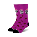Crew socks in purple with a Raisin Bran design.  Brown raisin illustrations are scattered on the purple background with the Kellogg's logo partially visible.
