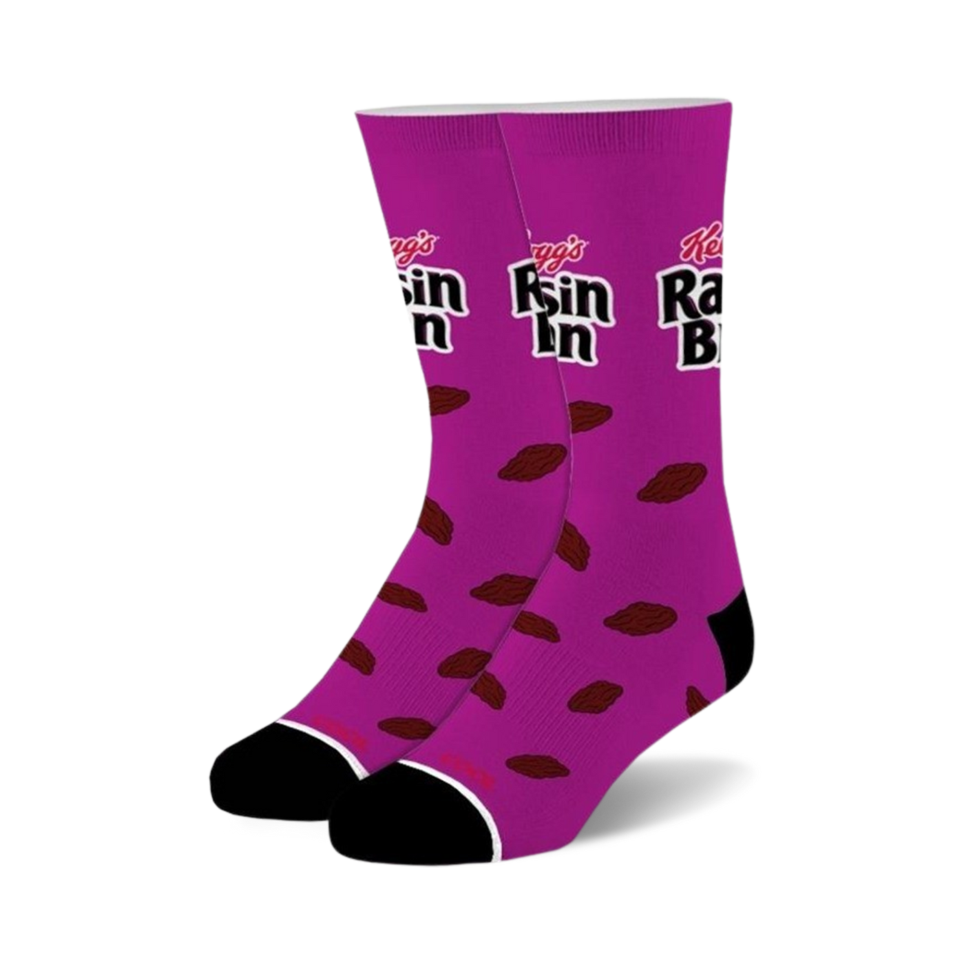 Crew socks in purple with a Raisin Bran design.  Brown raisin illustrations are scattered on the purple background with the Kellogg's logo partially visible.