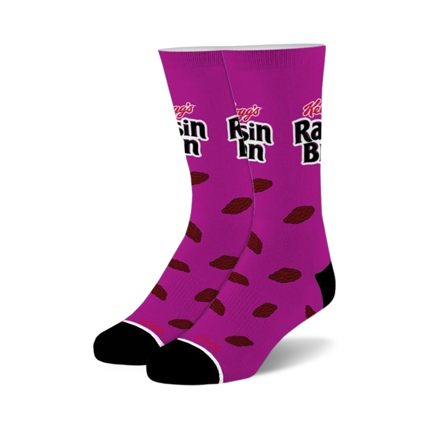 Crew socks in purple with a Raisin Bran design.  Brown raisin illustrations are scattered on the purple background with the Kellogg's logo partially visible.