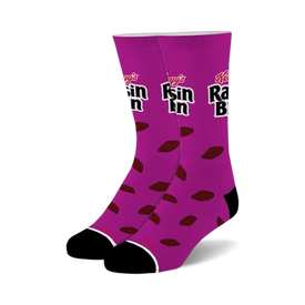 black and purple crew socks with raisin-patterned design and black toe and heel. available for men and women. food & drink themed.  