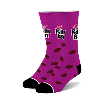 black and purple crew socks with raisin-patterned design and black toe and heel. available for men and women. food & drink themed.  