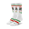 Pair of white crew socks with green, red stripes and Kellogg's Corn Flakes branding, including the rooster mascot.