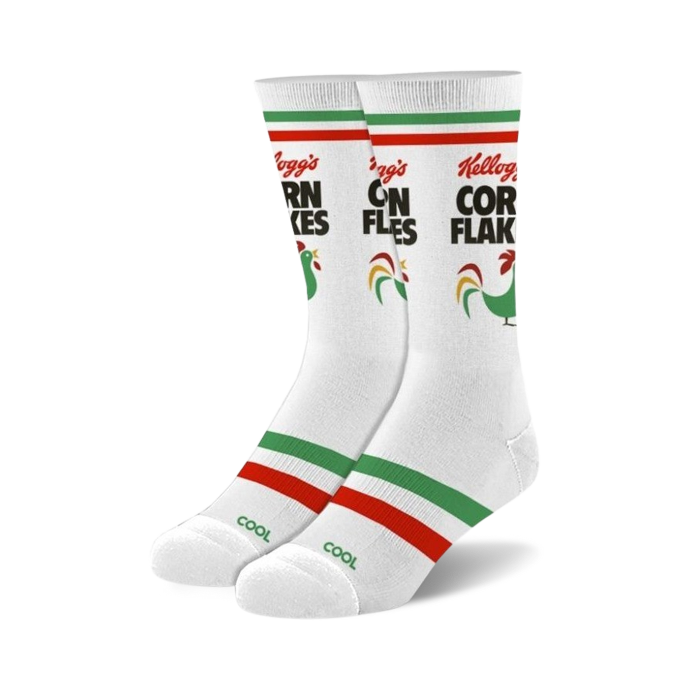 Pair of white crew socks with green, red stripes and Kellogg's Corn Flakes branding, including the rooster mascot.