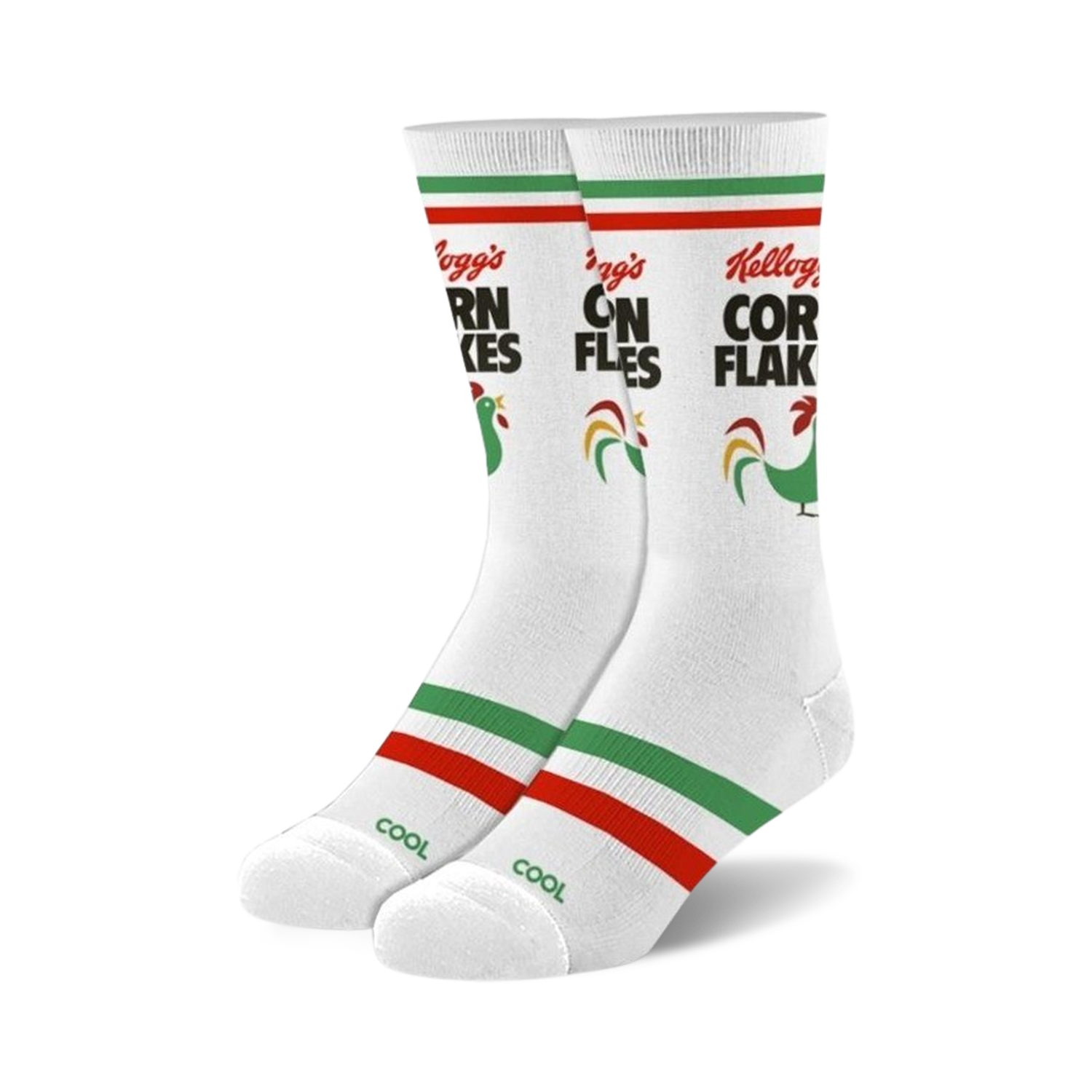 Pair of white crew socks with green, red stripes and Kellogg's Corn Flakes branding, including the rooster mascot.