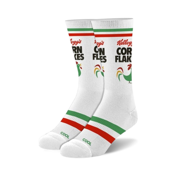 kellogg's corn flakes socks: red, green, yellow striped socks featuring a rooster wearing a hat and bow tie.  