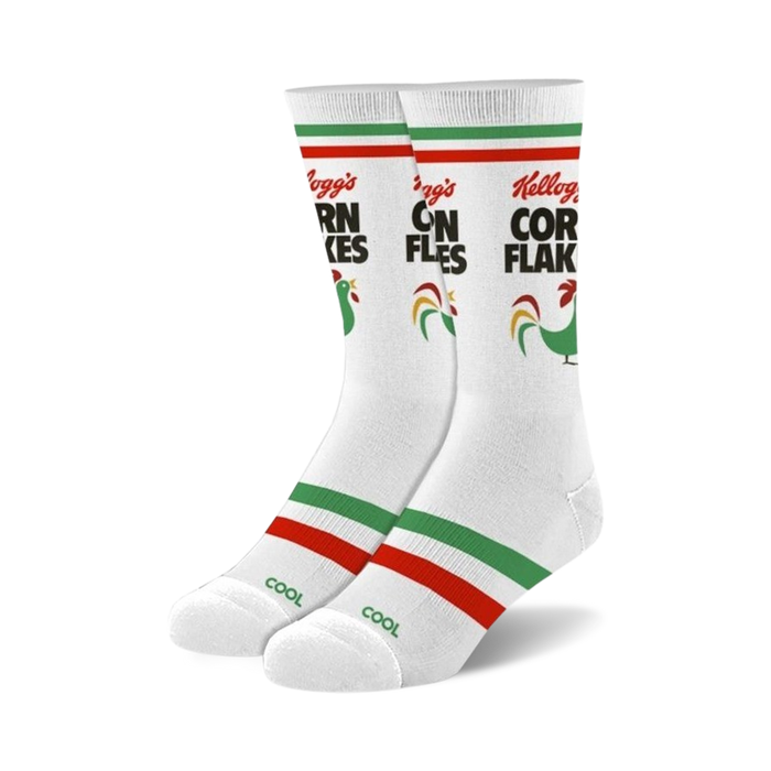 kellogg's corn flakes socks: red, green, yellow striped socks featuring a rooster wearing a hat and bow tie.   }}