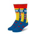Pair of Old Bay crew socks. Blue and yellow design with Old Bay seasoning label and red crab illustrations.