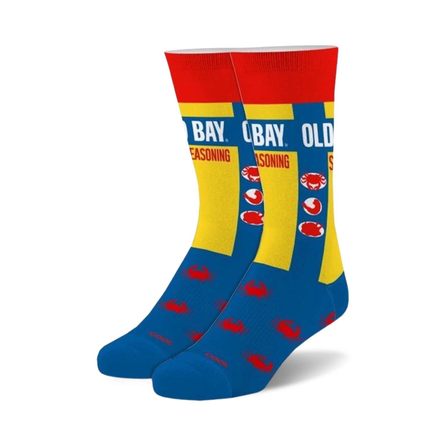 Pair of Old Bay crew socks. Blue and yellow design with Old Bay seasoning label and red crab illustrations.