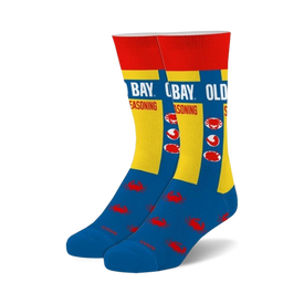 blue and red socks with yellow heels featuring red crab and "old bay seasoning" text. 