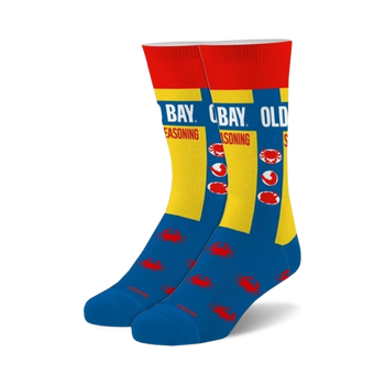 blue and red socks with yellow heels featuring red crab and "old bay seasoning" text. 