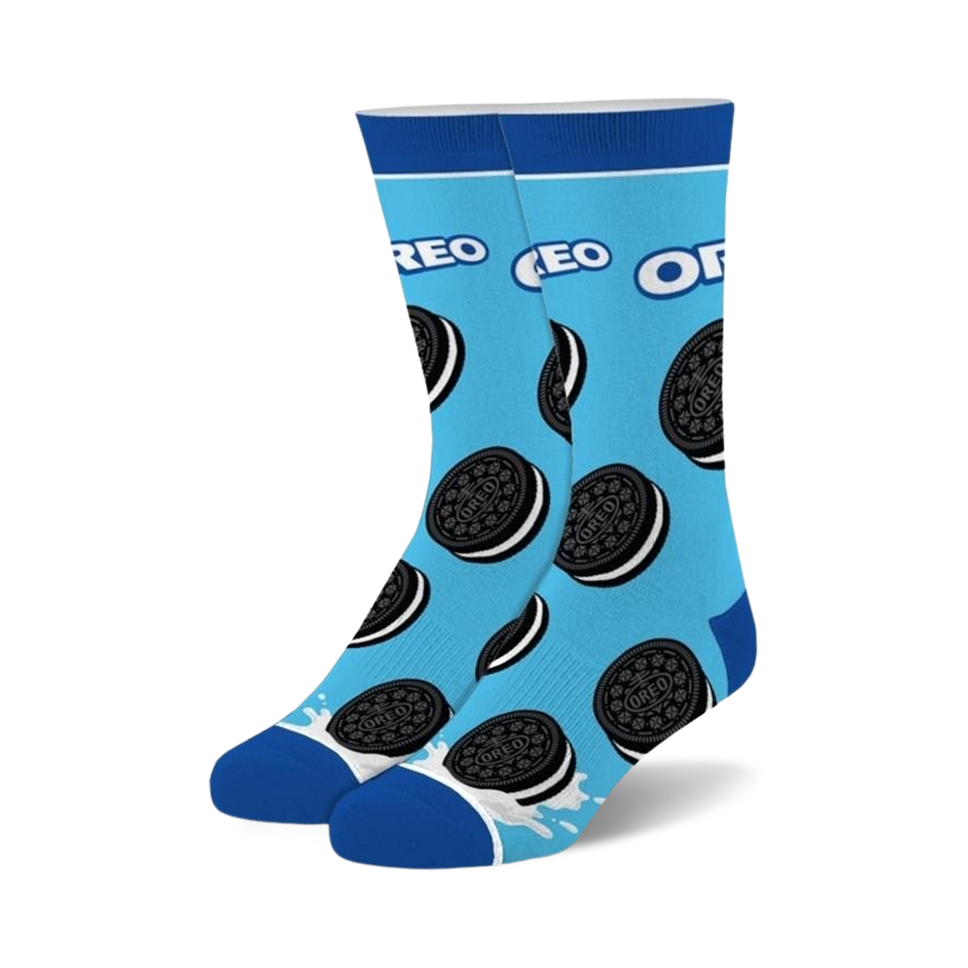 Pair of crew socks on light blue background, adorned with Oreo cookies and a milk splash at the bottom. Black and white Oreo design.