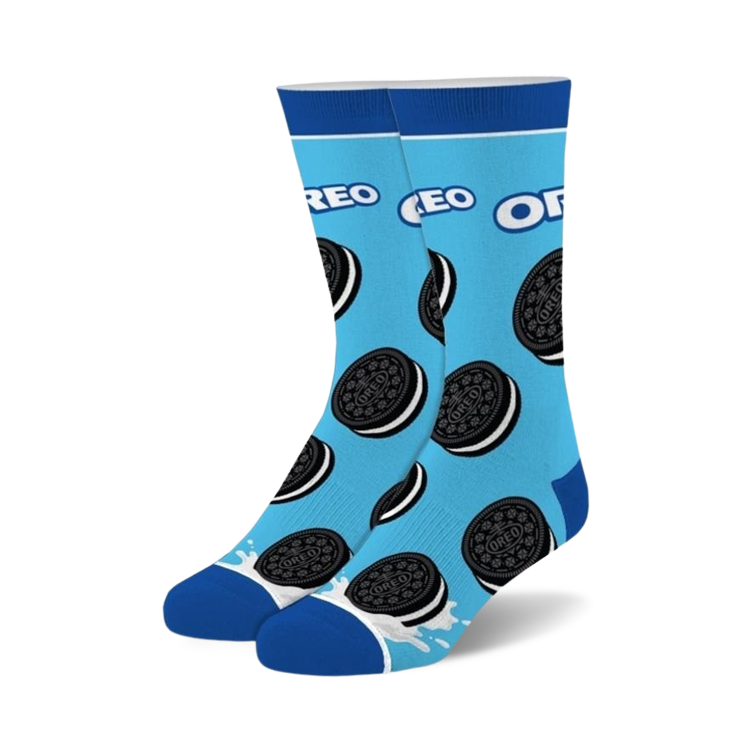 Pair of crew socks on light blue background, adorned with Oreo cookies and a milk splash at the bottom. Black and white Oreo design.