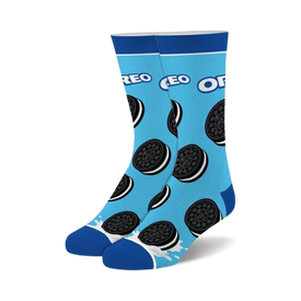 blue crew socks with an all-over cookie pattern.   