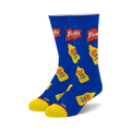 Crew socks featuring a repeating pattern of French's Yellow Mustard bottles on a royal blue background. Yellow cuffs.